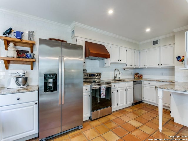 kitchen with a sink, visible vents, white cabinetry, appliances with stainless steel finishes, and custom exhaust hood