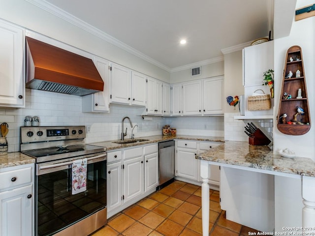 kitchen with white cabinetry, custom exhaust hood, stainless steel appliances, and a sink