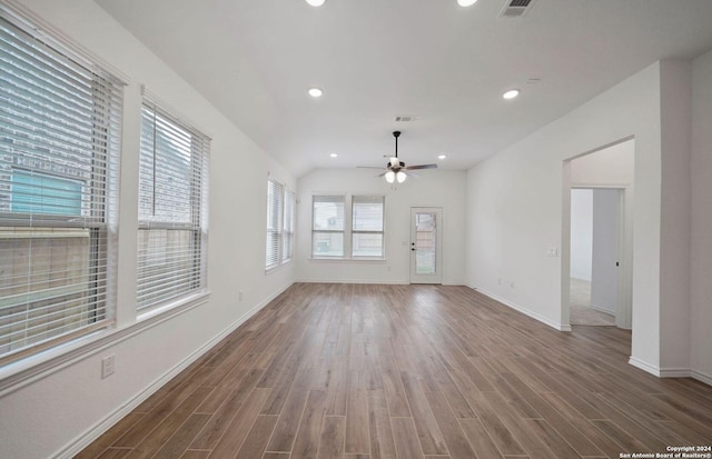 unfurnished living room with dark wood-style floors, recessed lighting, and a ceiling fan