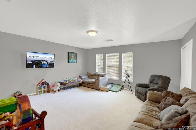 carpeted living room with a textured ceiling