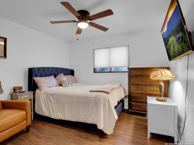 bedroom featuring hardwood / wood-style floors, ceiling fan, and a closet