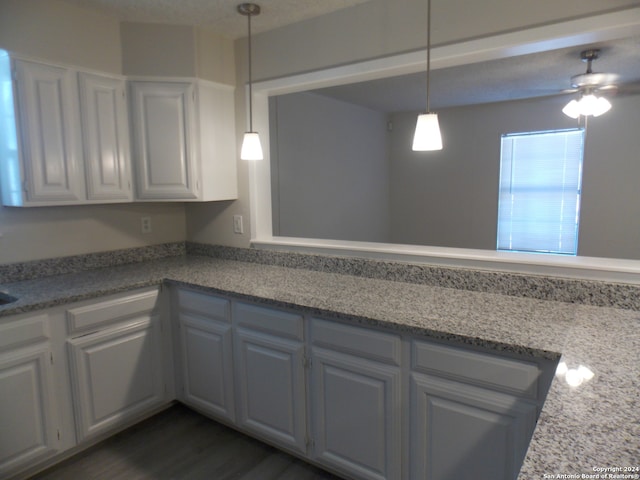 kitchen featuring dark hardwood / wood-style flooring, light stone counters, and ceiling fan