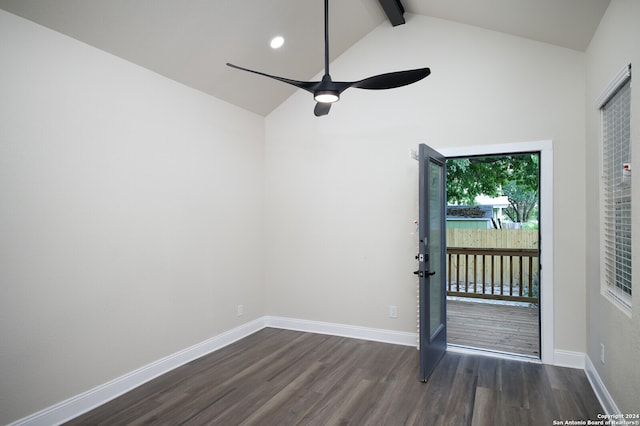 unfurnished room with beam ceiling, ceiling fan, hardwood / wood-style floors, and high vaulted ceiling