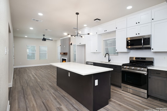 kitchen featuring light wood-type flooring, a large fireplace, ceiling fan with notable chandelier, appliances with stainless steel finishes, and decorative light fixtures