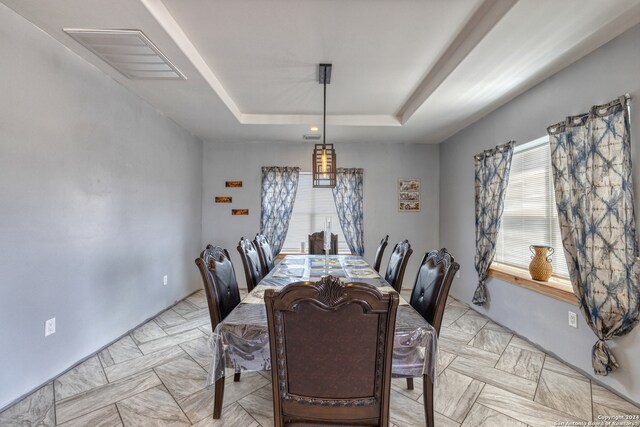 dining space with a raised ceiling