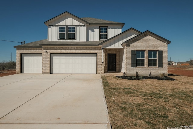 view of front of home featuring driveway, brick siding, board and batten siding, and a front lawn