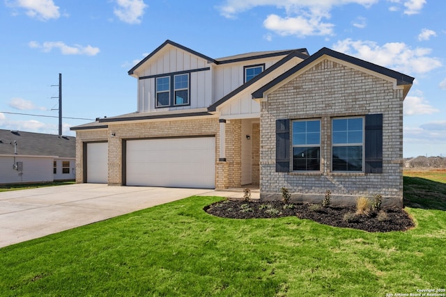 view of front of home with a garage, concrete driveway, a front lawn, board and batten siding, and brick siding