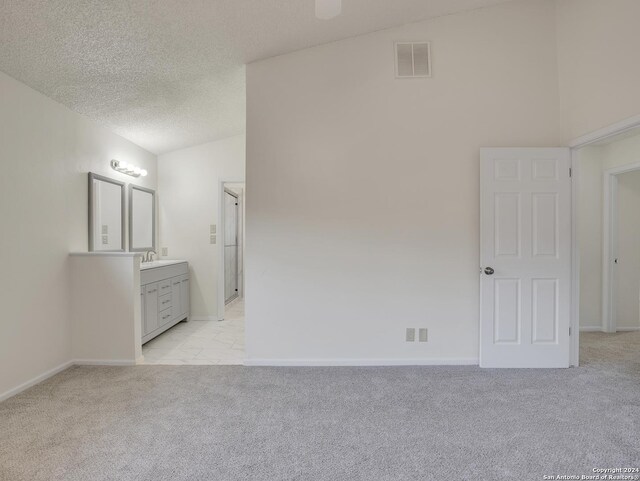 carpeted spare room with sink, vaulted ceiling, and a textured ceiling