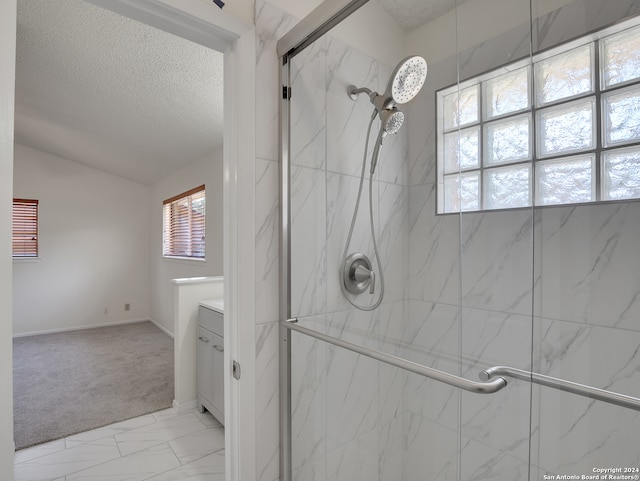 bathroom featuring a shower with shower door, plenty of natural light, tile patterned flooring, and vanity