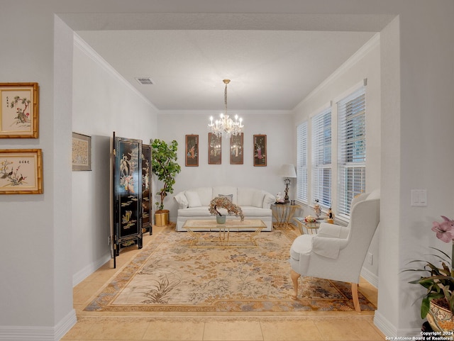 living room featuring light tile patterned flooring, an inviting chandelier, and ornamental molding