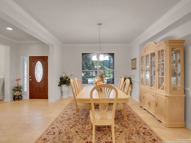 tiled dining area with crown molding and a chandelier