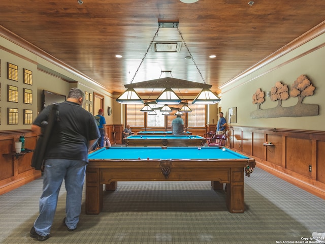 recreation room featuring carpet, pool table, wood ceiling, and ornamental molding