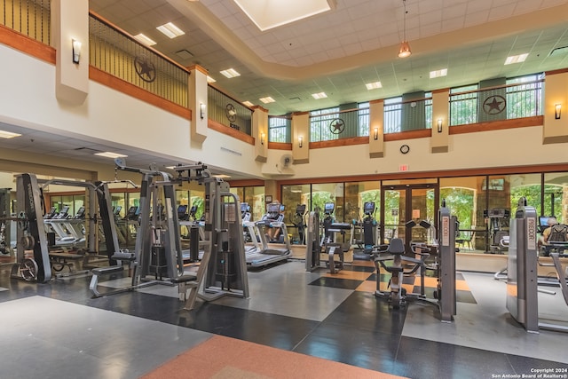 exercise room featuring a towering ceiling, a wealth of natural light, and a drop ceiling