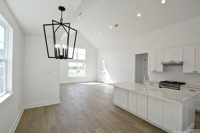 kitchen featuring light hardwood / wood-style flooring, decorative light fixtures, an inviting chandelier, tasteful backsplash, and gas stove