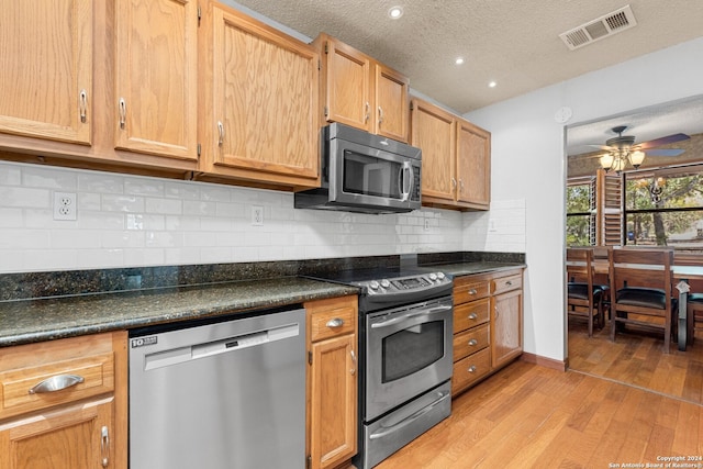 kitchen featuring ceiling fan, tasteful backsplash, light hardwood / wood-style floors, a textured ceiling, and stainless steel appliances