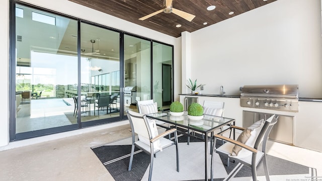 dining room with wood ceiling, ceiling fan, and a high ceiling