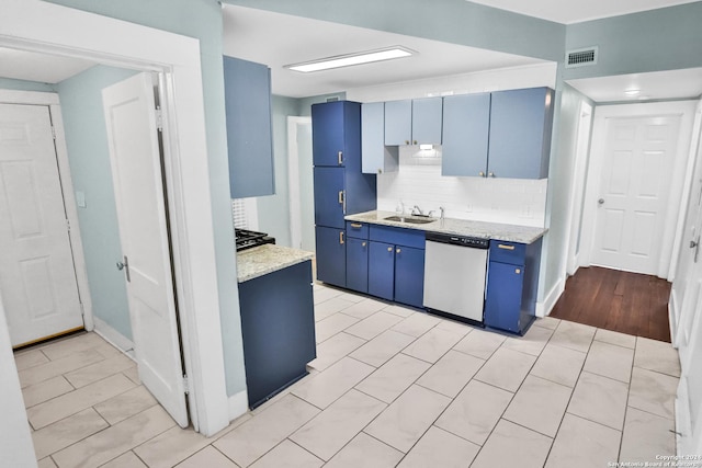 kitchen with blue cabinets, a sink, visible vents, stainless steel dishwasher, and backsplash