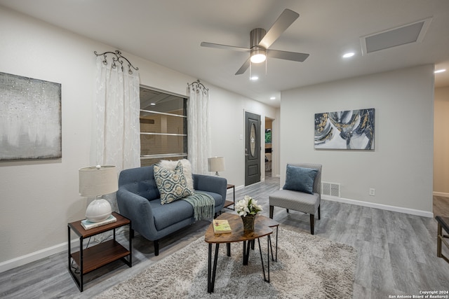 living room with ceiling fan and wood-type flooring