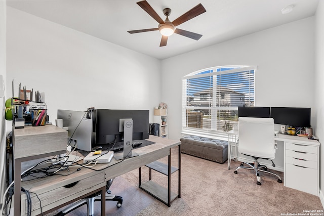 carpeted office space featuring ceiling fan