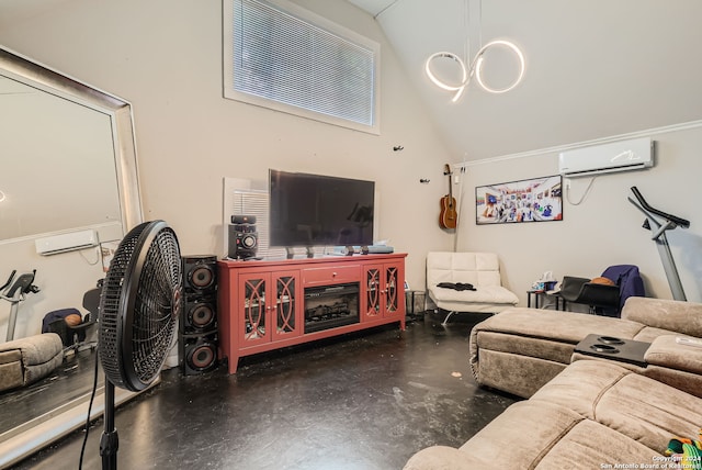 living room with high vaulted ceiling and a wall unit AC