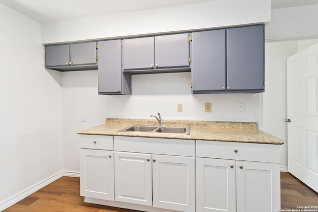 kitchen with sink, gray cabinets, and wood-type flooring