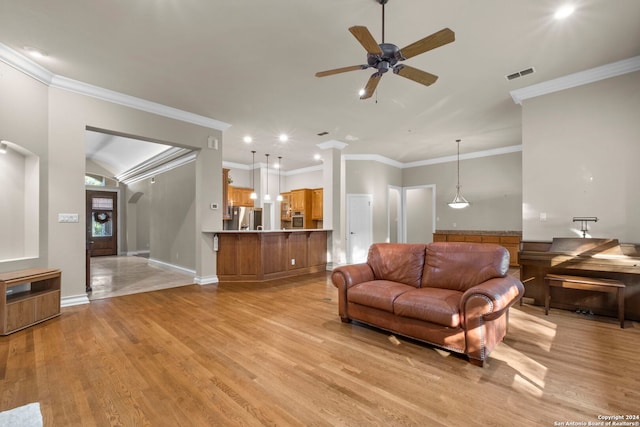 living room with ceiling fan, light wood-type flooring, and ornamental molding