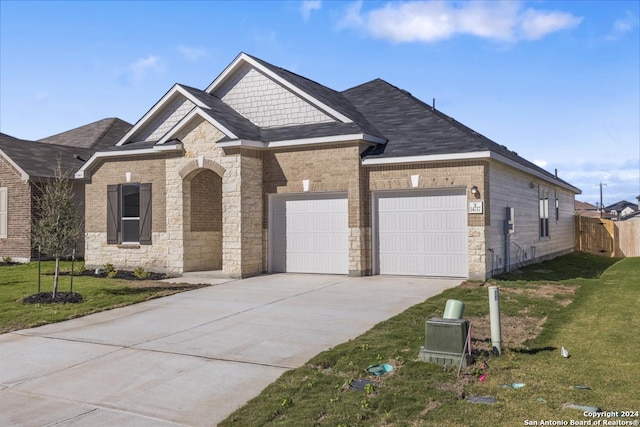 craftsman house featuring a garage, concrete driveway, stone siding, and a front lawn