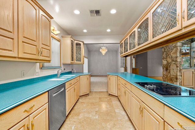 kitchen featuring dishwasher, visible vents, glass insert cabinets, and pendant lighting