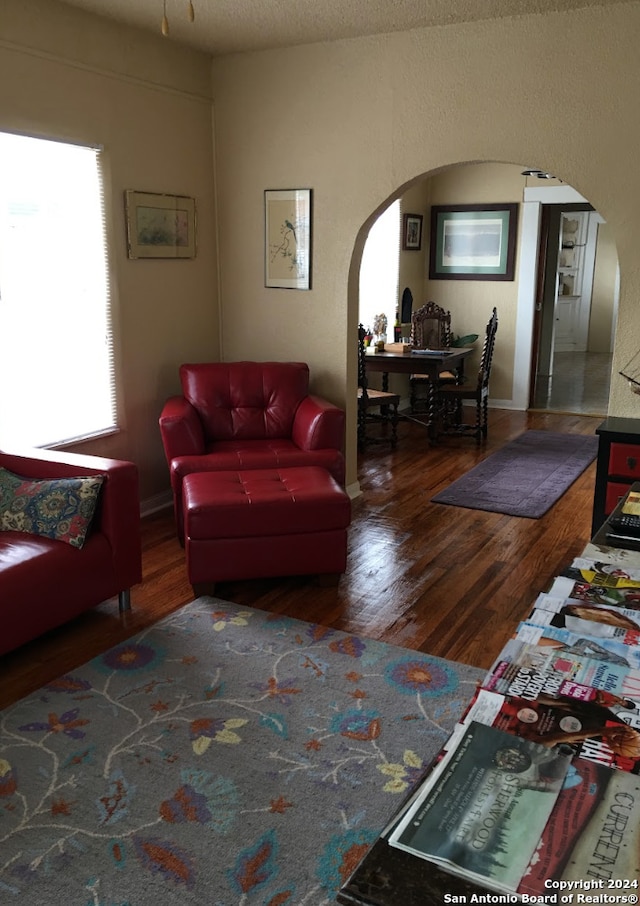 living room featuring a textured ceiling and wood-type flooring