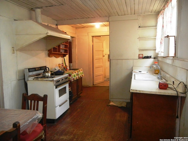 kitchen with white gas stove, wood ceiling, dark hardwood / wood-style flooring, exhaust hood, and sink