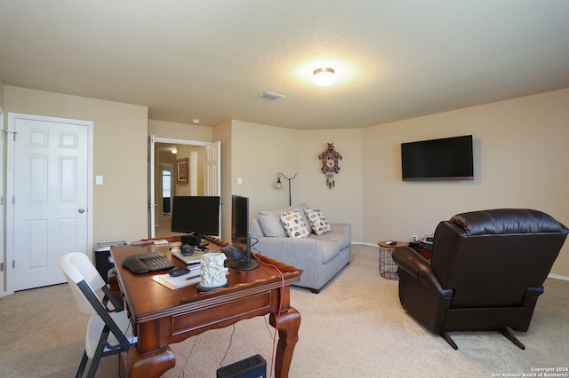 carpeted living room with a textured ceiling