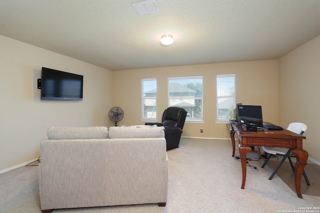 carpeted living room featuring a textured ceiling