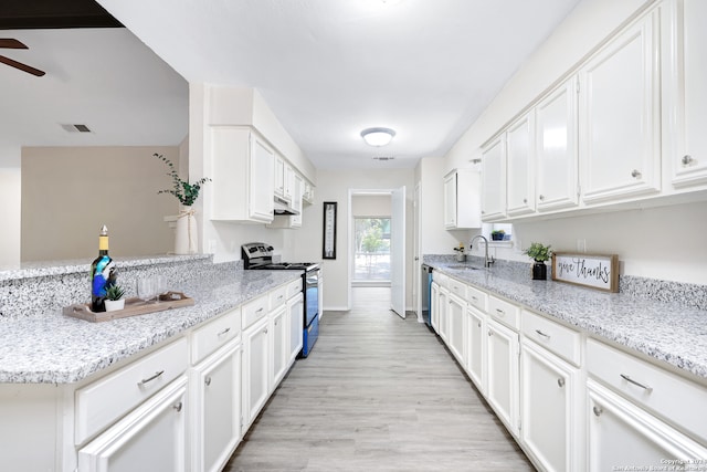 kitchen with white cabinetry, light hardwood / wood-style floors, range, light stone countertops, and sink