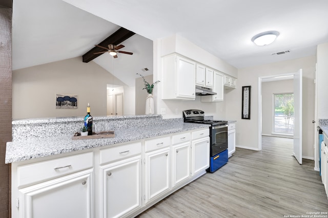 kitchen with light hardwood / wood-style flooring, lofted ceiling with beams, ceiling fan, range with electric stovetop, and kitchen peninsula