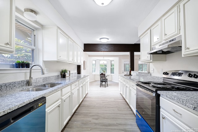 kitchen featuring sink, light hardwood / wood-style floors, stainless steel dishwasher, range with electric stovetop, and white cabinets