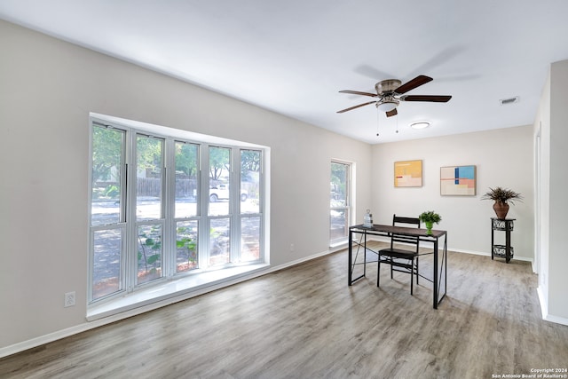 office area featuring hardwood / wood-style floors and ceiling fan