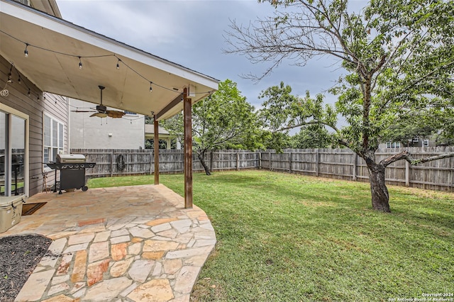 view of yard with a patio area and ceiling fan