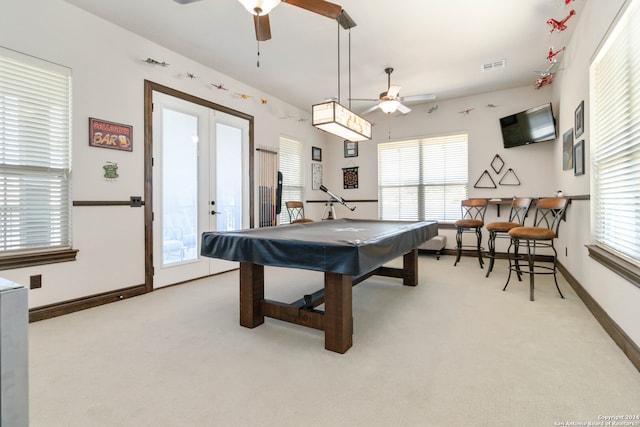 playroom featuring ceiling fan, french doors, light carpet, and billiards