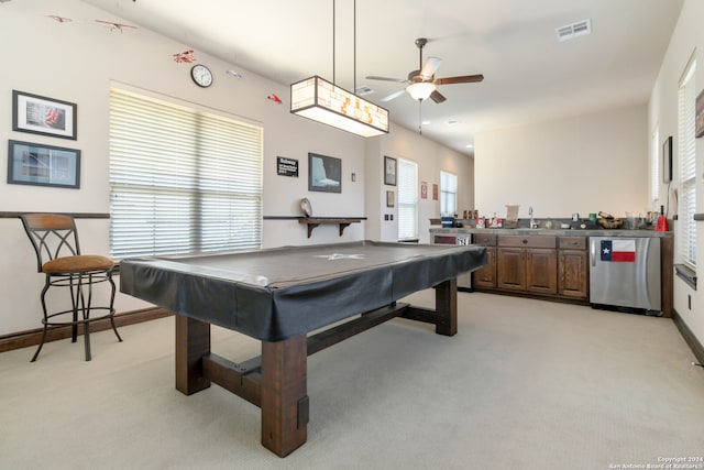 playroom featuring billiards, ceiling fan, light colored carpet, and sink