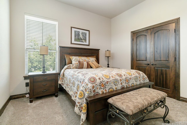 bedroom with a closet and light carpet