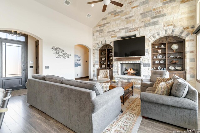 2204 Sierra Madre, Canyon Lake, TX 78133 - living area featuring visible vents, a ceiling fan, arched walkways, and high vaulted ceiling