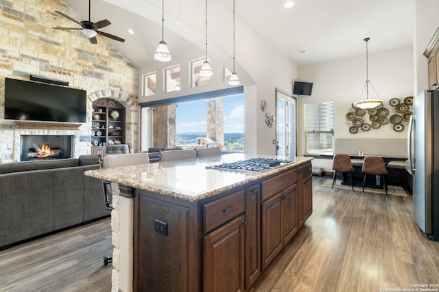 kitchen featuring appliances with stainless steel finishes, high vaulted ceiling, wood-type flooring, and a stone fireplace