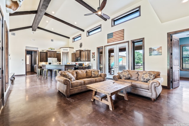 living room featuring ceiling fan, high vaulted ceiling, french doors, and beamed ceiling