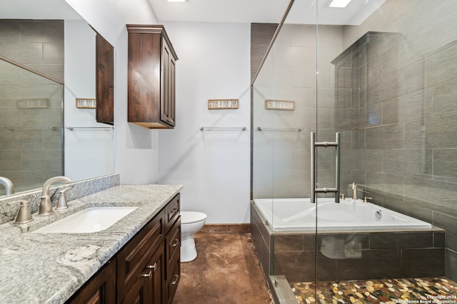 full bathroom with toilet, independent shower and bath, tile patterned floors, and vanity