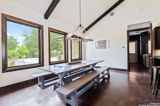 dining area featuring high vaulted ceiling, beamed ceiling, and a chandelier