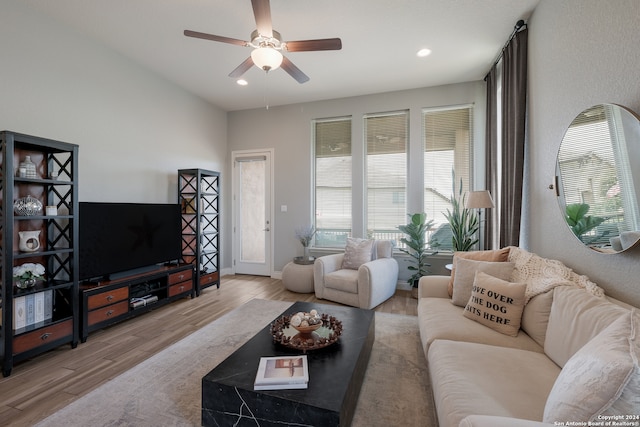 living room featuring ceiling fan and light hardwood / wood-style floors