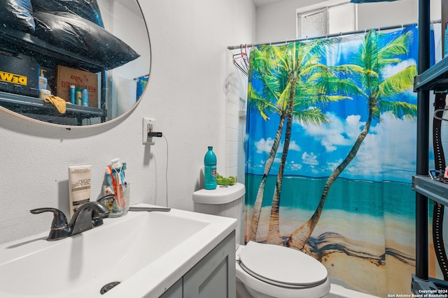 bathroom with vanity, walk in shower, and toilet