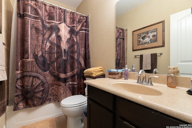 full bathroom featuring vanity, shower / tub combo, toilet, and tile patterned floors