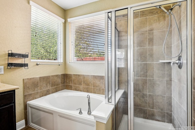 bathroom with vanity and separate shower and tub