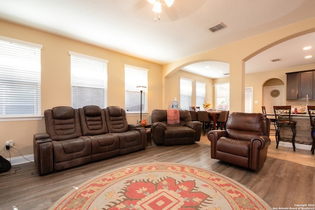 living room with plenty of natural light, ceiling fan, and hardwood / wood-style flooring